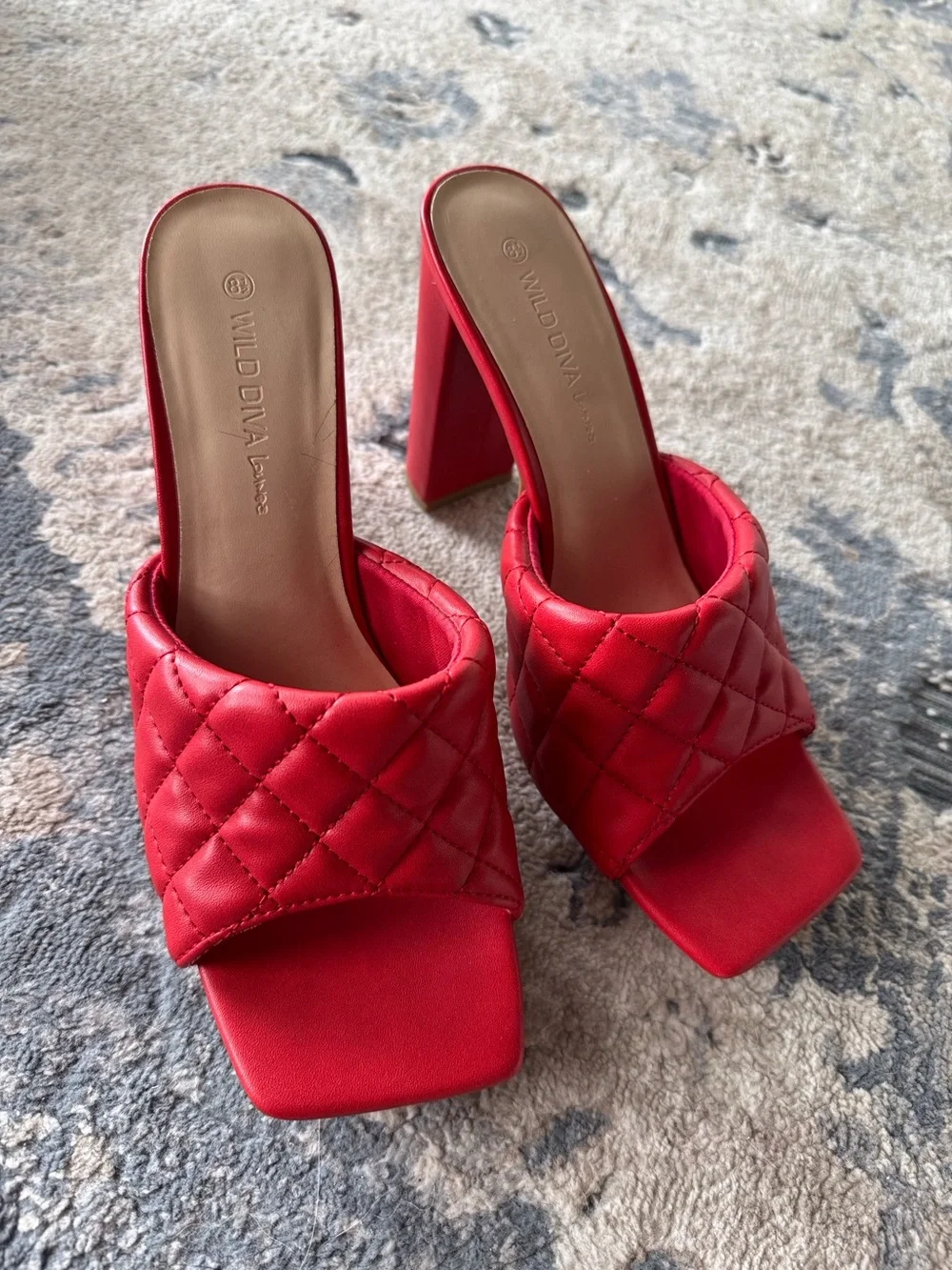 Wild DIVA Lounge Quilted Red Block Heel Mules Slide Sandals
